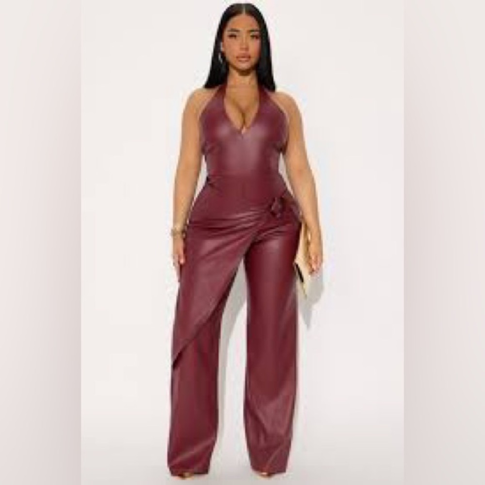 Fashion Nova Deep Wine Halter Jumpsuit